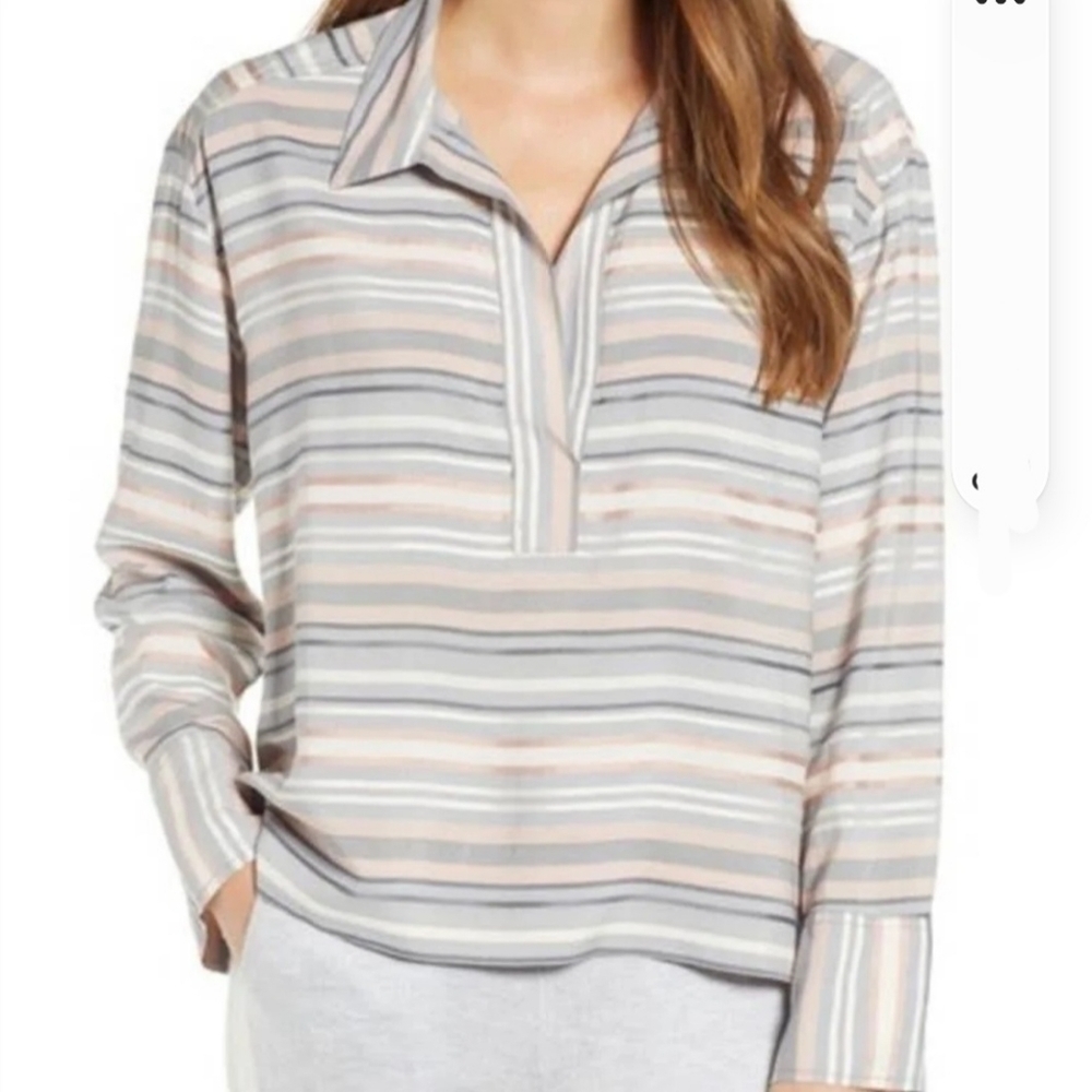 Lou & Grey Women's Striped Poplin Shirt Size XXS Blue Pink 3/4 Sleeve Pullover